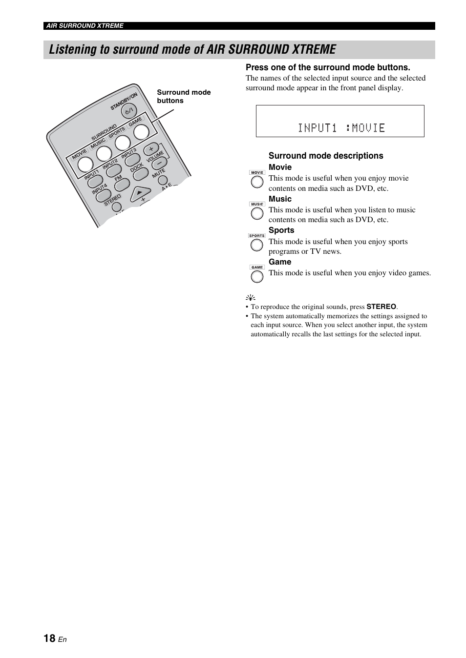 Listening to surround mode of air surround xtreme, Listening to surround mode of air surround, Xtreme | P. 18), P. 18 | Yamaha YAS-71CU User Manual | Page 22 / 44