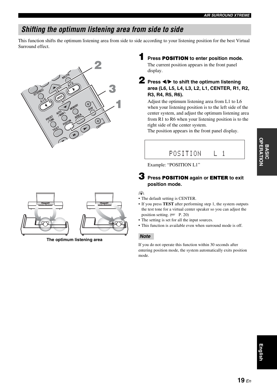 Shifting the optimum listening area, From side to side, P. 19 | Yamaha YAS-71CU User Manual | Page 23 / 44