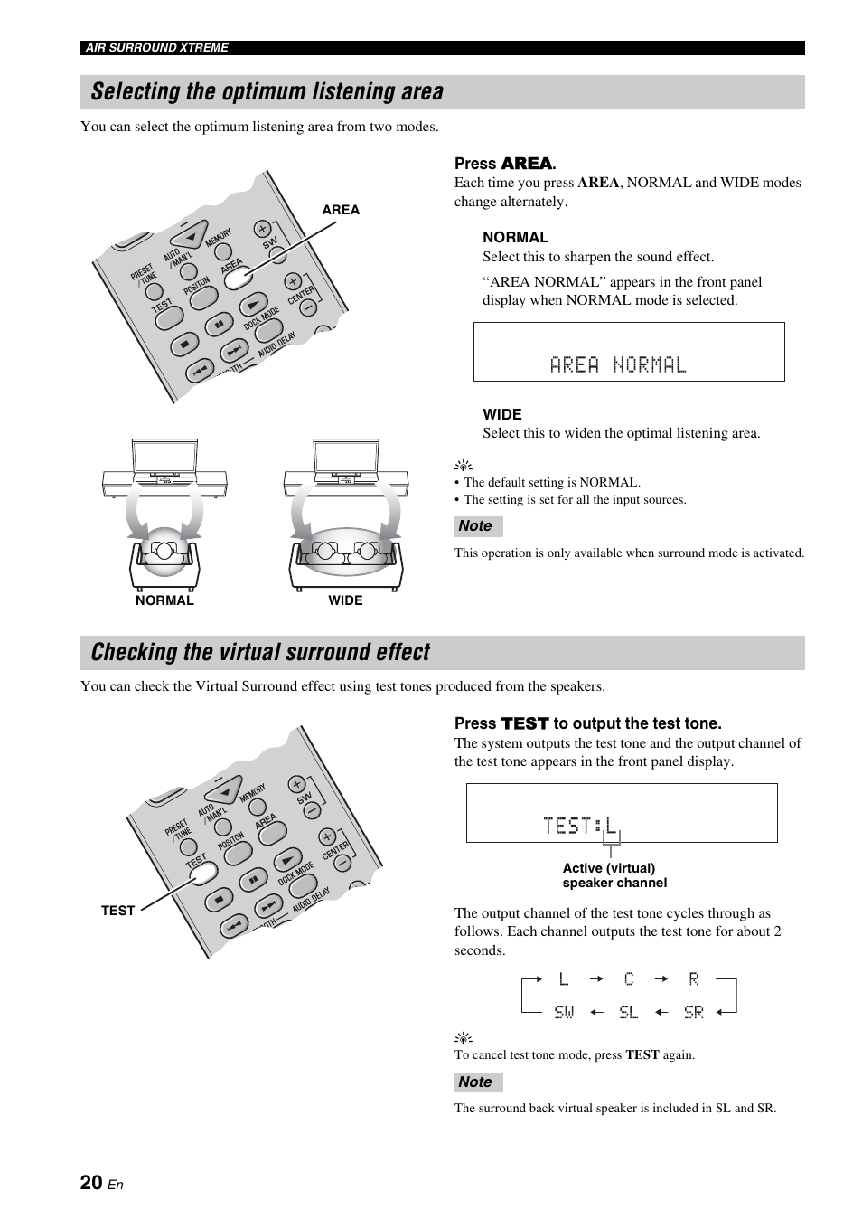 Selecting the optimum listening area, Checking the virtual surround effect, P. 20) | P. 20 | Yamaha YAS-71CU User Manual | Page 24 / 44