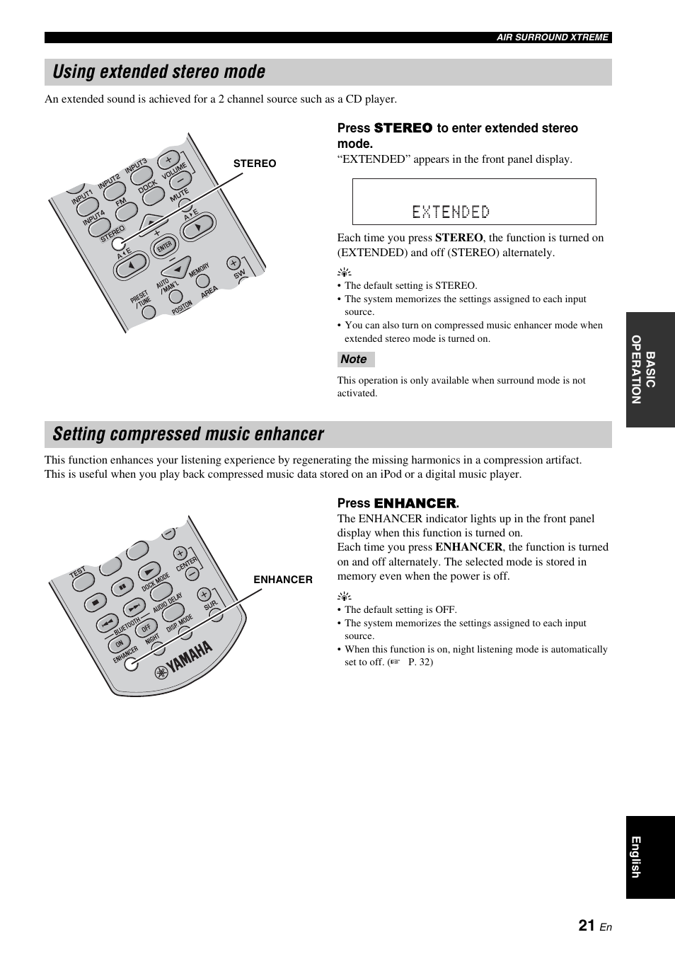 Using extended stereo mode, Setting compressed music enhancer, P. 21) | P. 21 | Yamaha YAS-71CU User Manual | Page 25 / 44