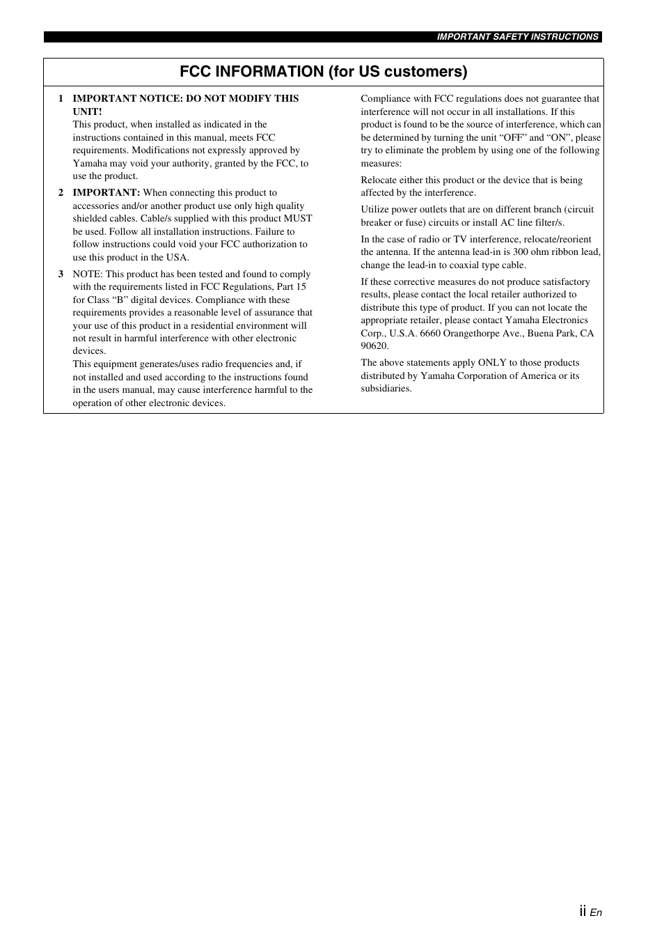Fcc information (for us customers) | Yamaha YAS-71CU User Manual | Page 3 / 44