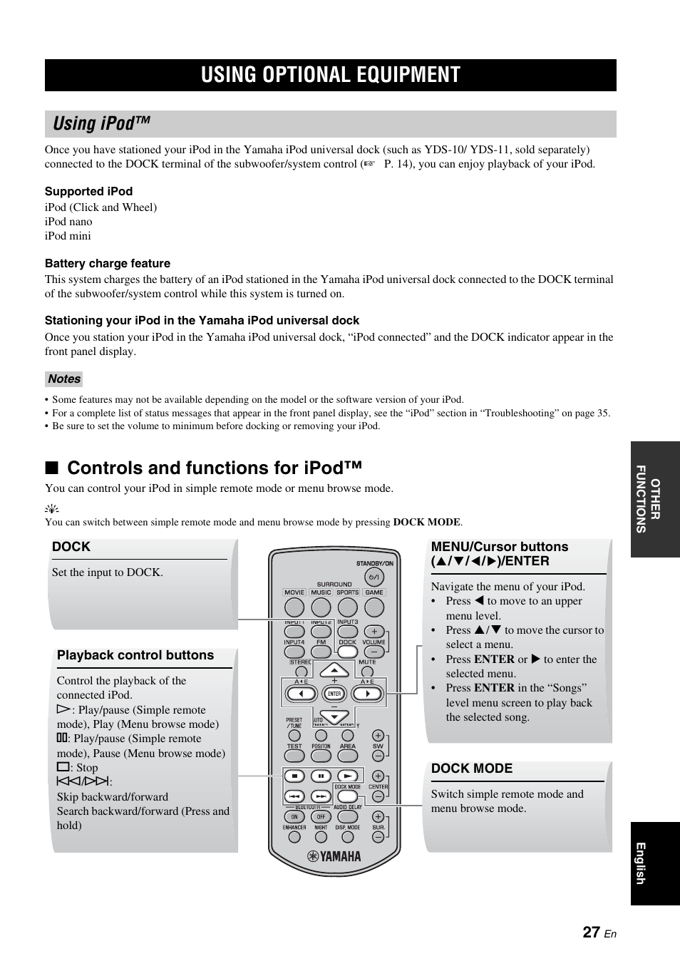 Using optional equipment, Using ipod, P. 27 | Controls and functions for ipod | Yamaha YAS-71CU User Manual | Page 31 / 44