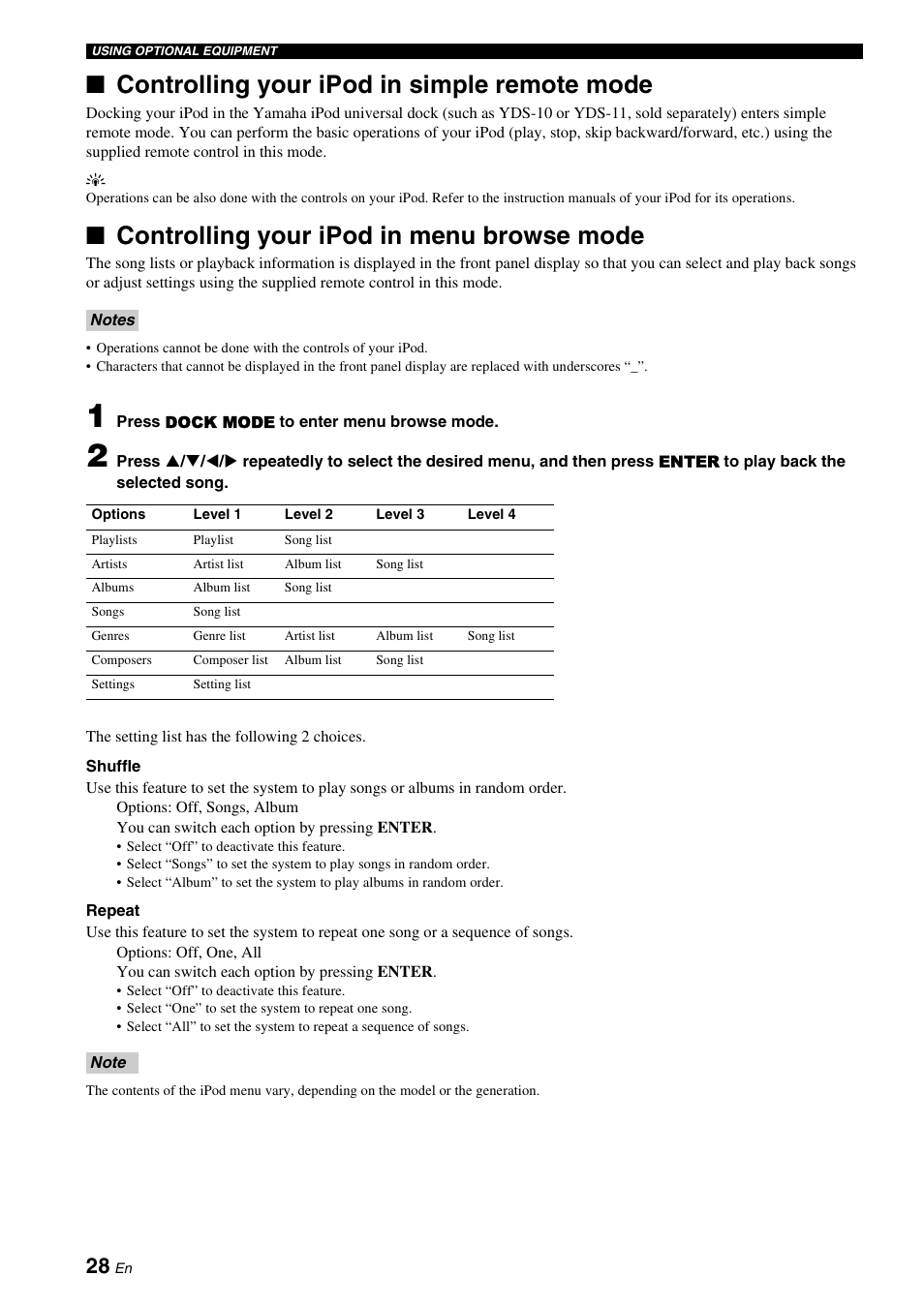 Controlling your ipod in simple remote mode, Controlling your ipod in menu browse mode | Yamaha YAS-71CU User Manual | Page 32 / 44