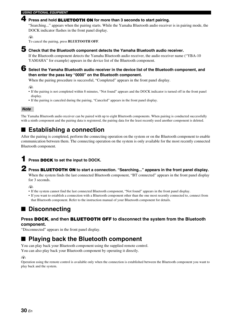 P. 30), Establishing a connection, Disconnecting | Playing back the bluetooth component | Yamaha YAS-71CU User Manual | Page 34 / 44