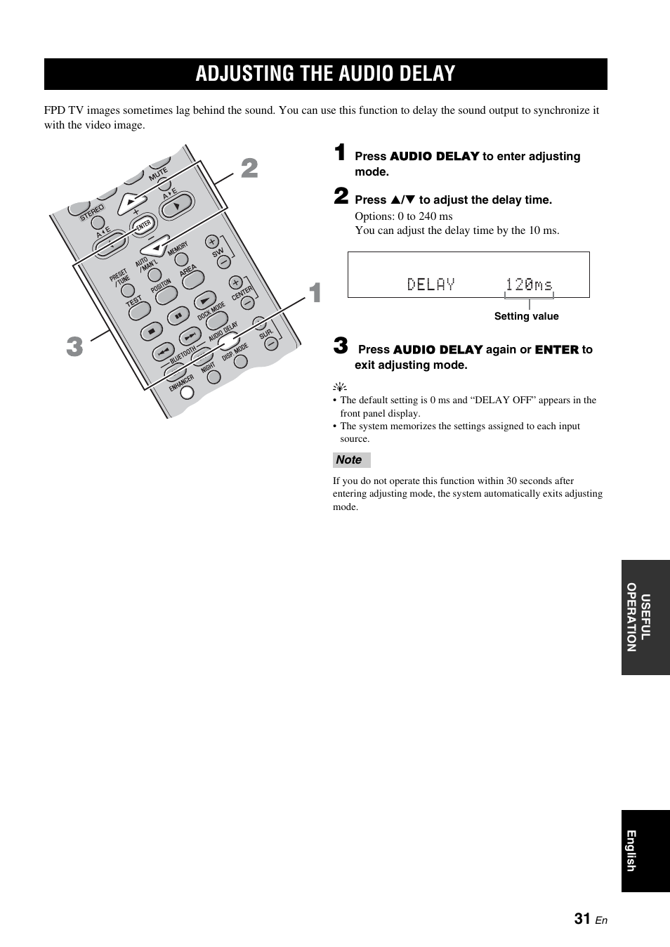 Useful operation, Adjusting the audio delay, P. 31 | Yamaha YAS-71CU User Manual | Page 35 / 44