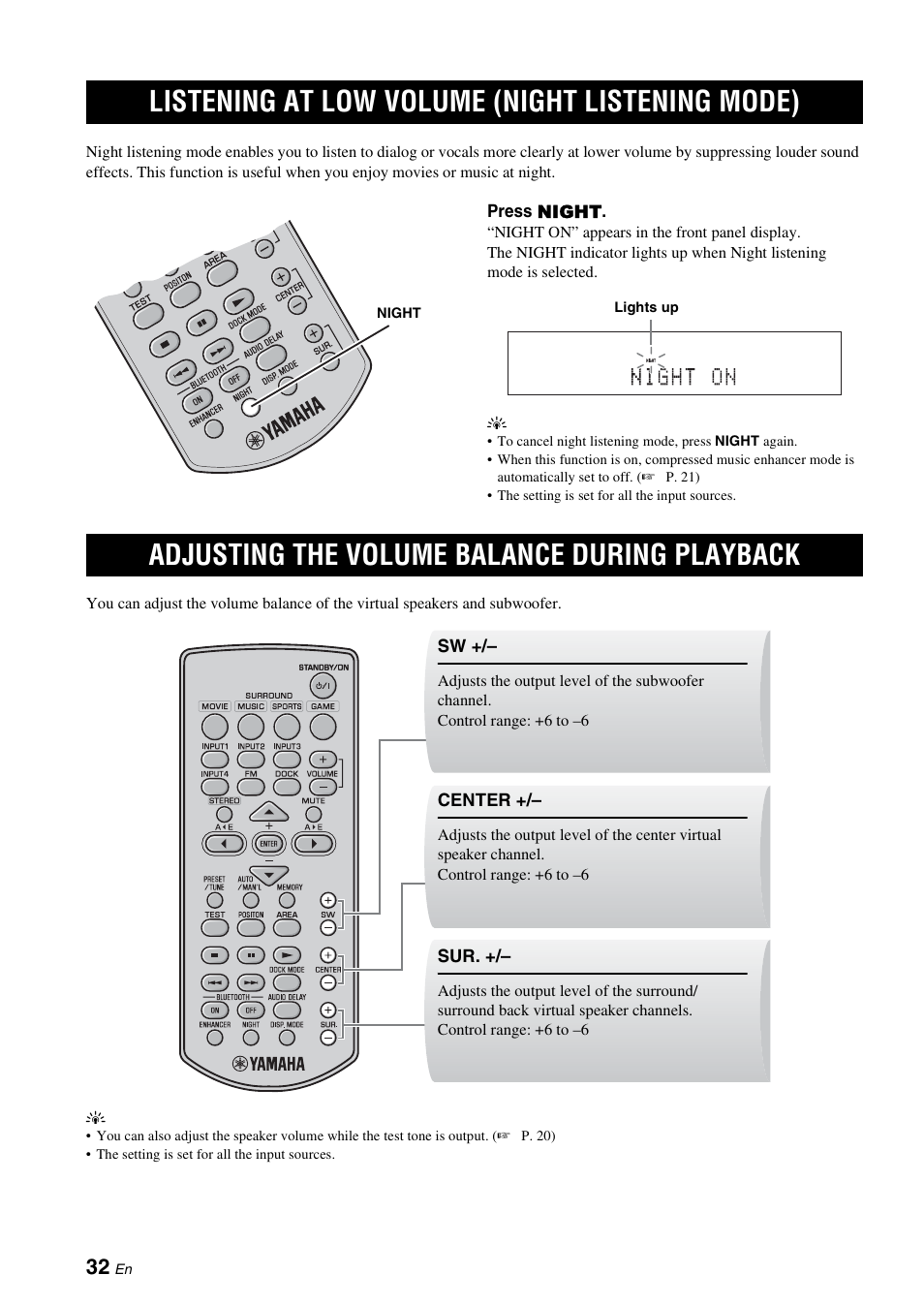 Listening at low volume (night listening mode), Adjusting the volume balance during playback, Listening at low volume (night | Listening mode), Adjusting the volume balance during, Playback, P. 32, P. 32) | Yamaha YAS-71CU User Manual | Page 36 / 44
