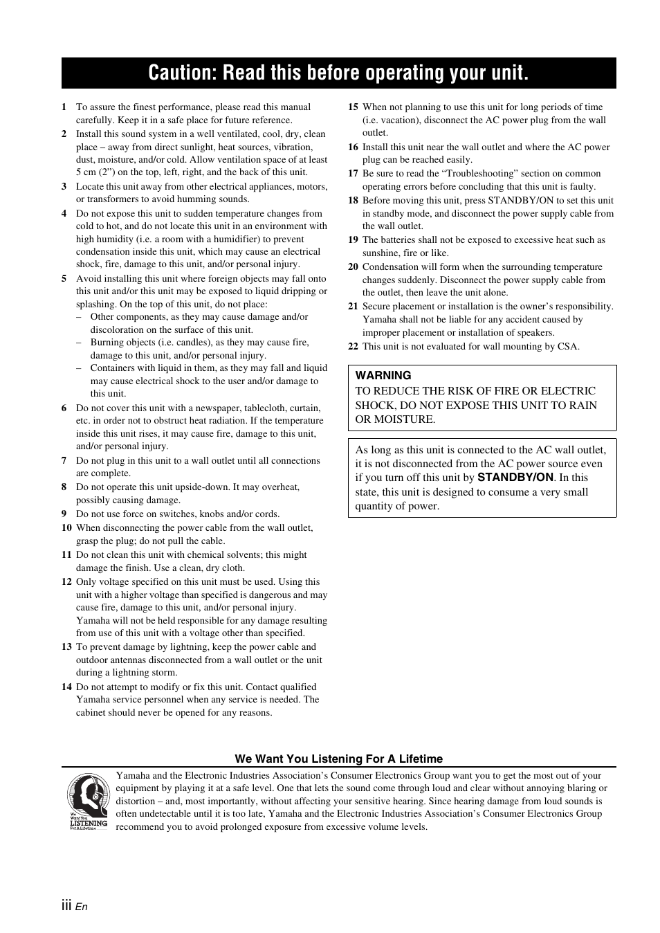 Caution: read this before operating your unit | Yamaha YAS-71CU User Manual | Page 4 / 44