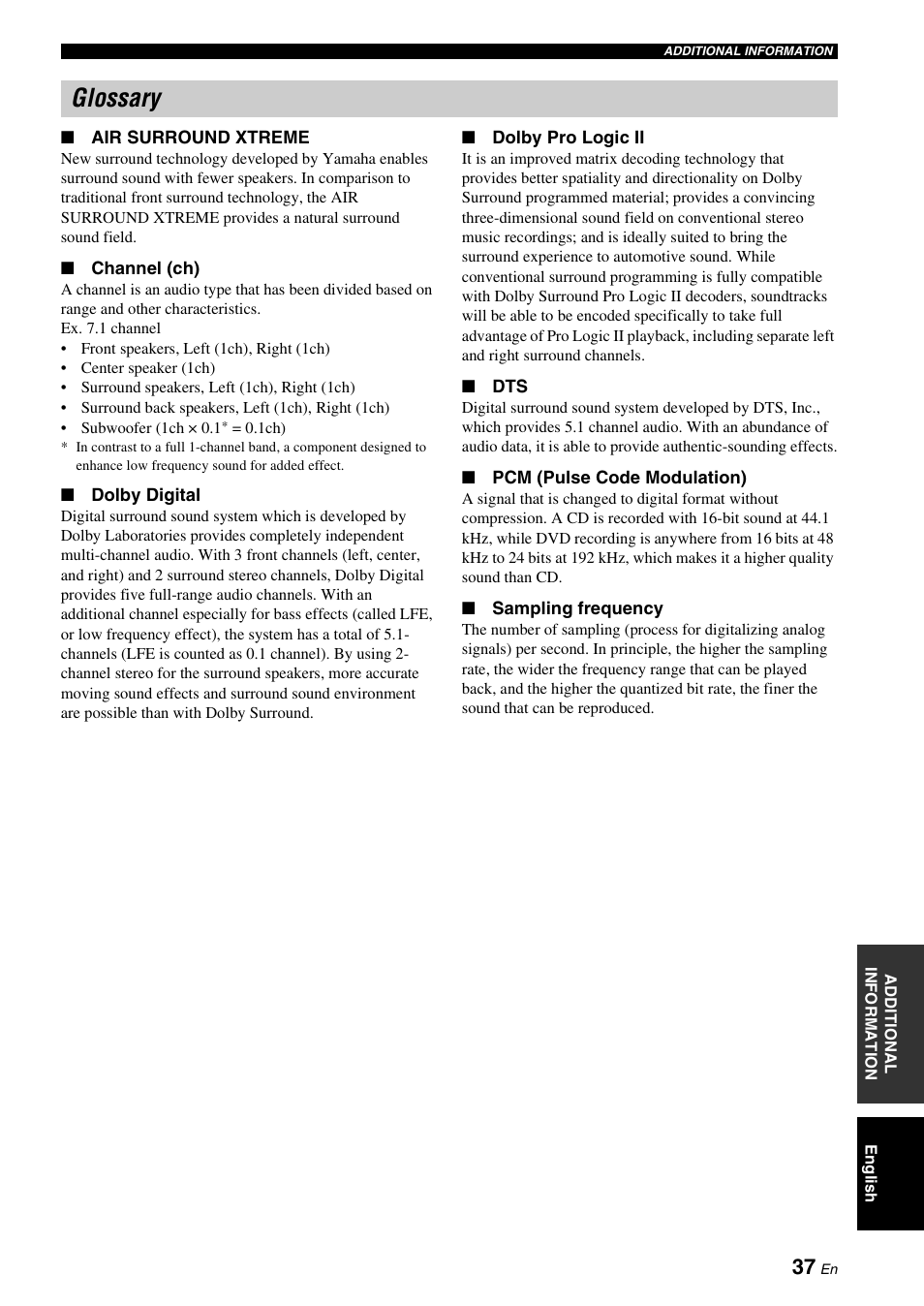 Glossary | Yamaha YAS-71CU User Manual | Page 41 / 44