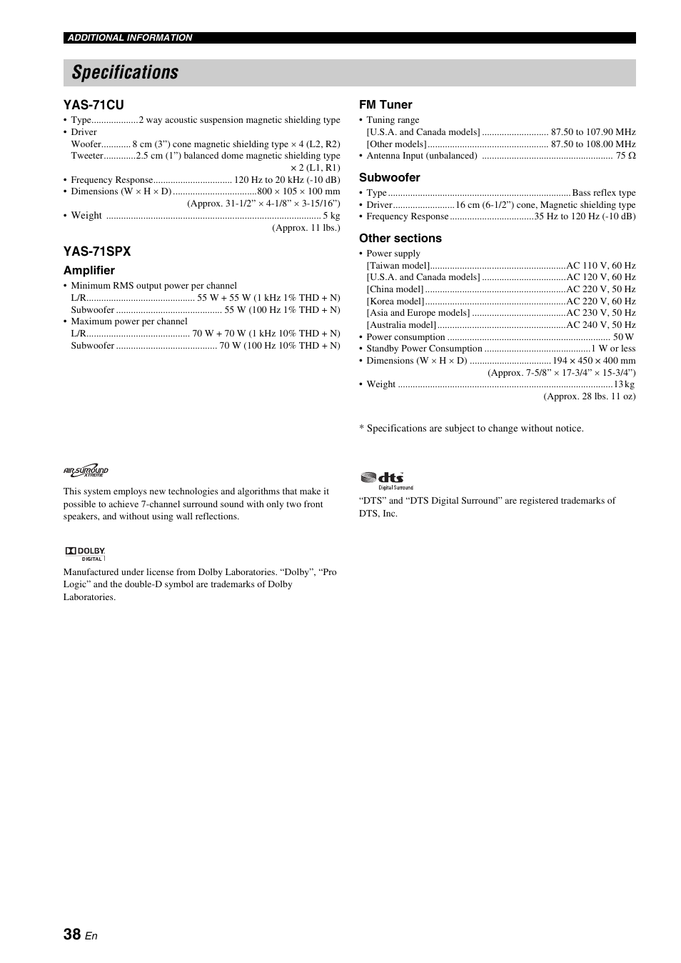 Specifications, Yas-71cu, Yas-71spx | Yamaha YAS-71CU User Manual | Page 42 / 44