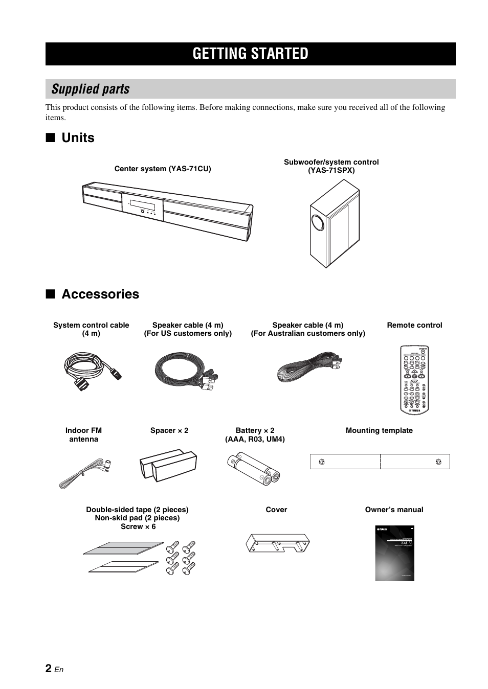 Introduction, Getting started, Supplied parts | Units ■ accessories | Yamaha YAS-71CU User Manual | Page 6 / 44