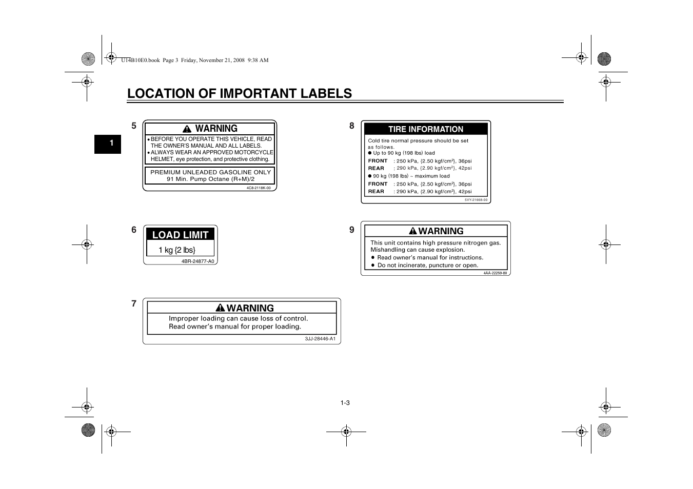 Location of important labels, Warning, Load limit | Yamaha YZFR1Y(C) User Manual | Page 10 / 122