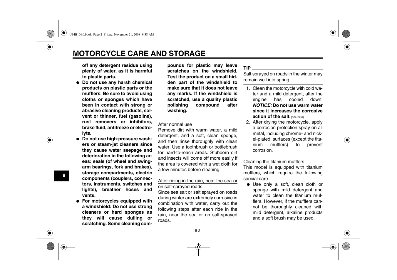 Motorcycle care and storage | Yamaha YZFR1Y(C) User Manual | Page 102 / 122