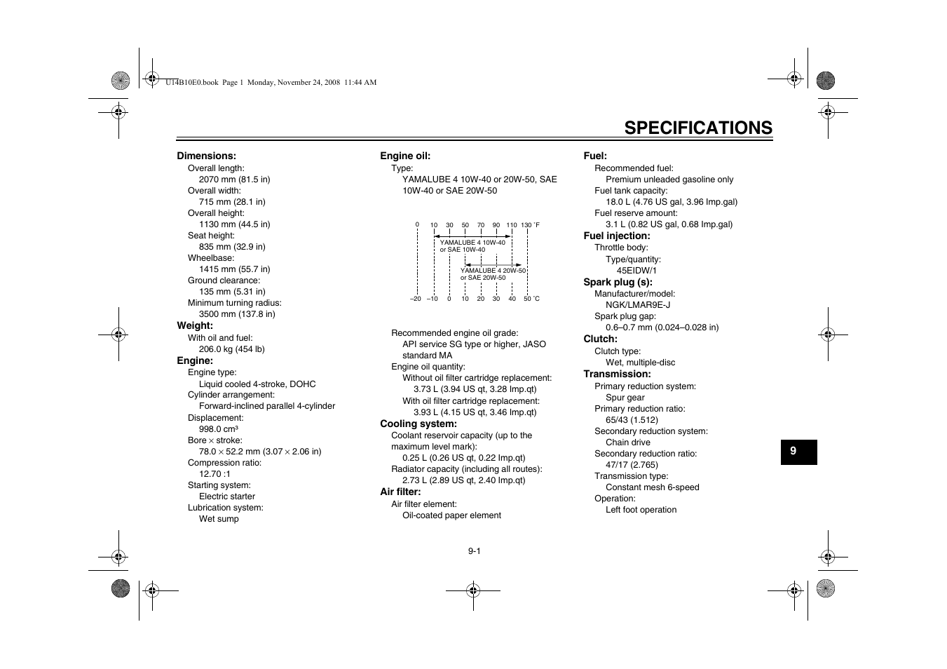 Specifications | Yamaha YZFR1Y(C) User Manual | Page 105 / 122
