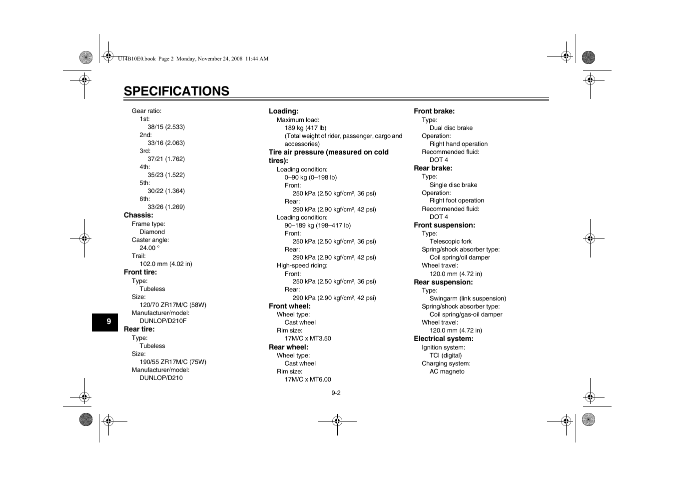 Specifications | Yamaha YZFR1Y(C) User Manual | Page 106 / 122