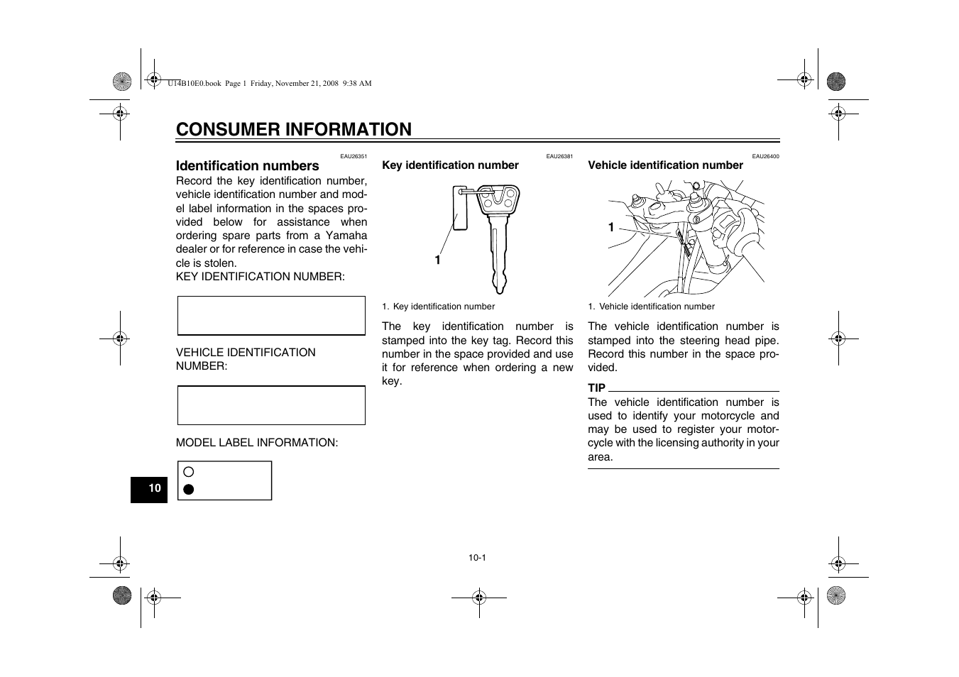 Consumer information, Identification numbers -1 | Yamaha YZFR1Y(C) User Manual | Page 108 / 122