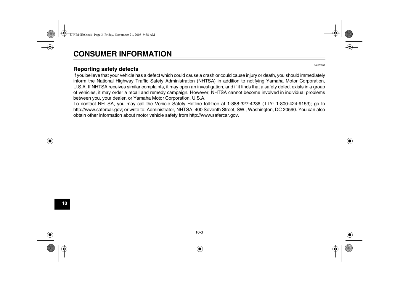 Reporting safety defects -3, Consumer information | Yamaha YZFR1Y(C) User Manual | Page 110 / 122