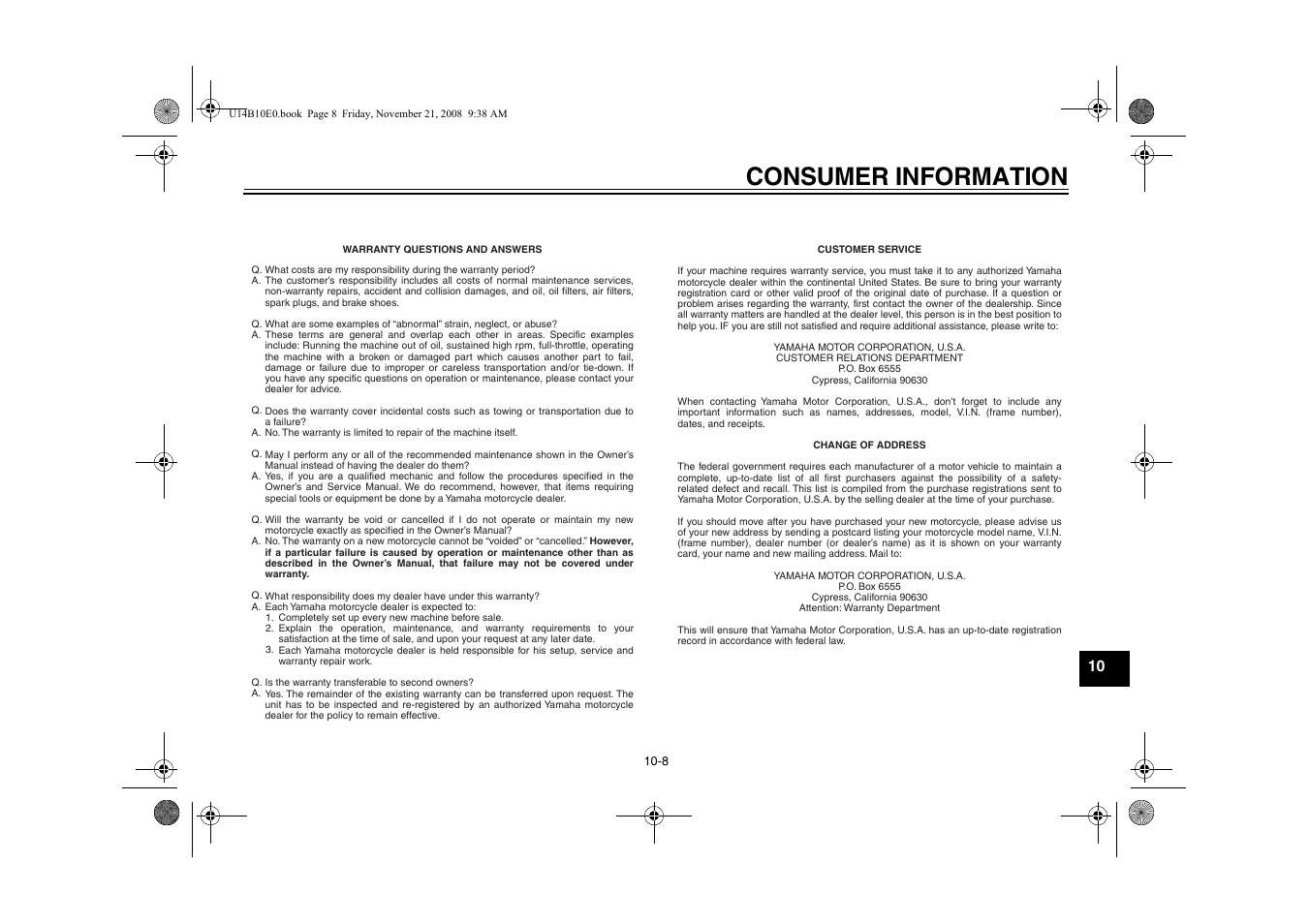 Consumer information | Yamaha YZFR1Y(C) User Manual | Page 115 / 122