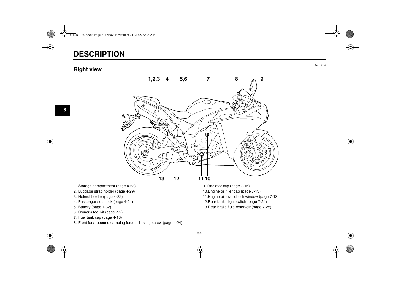 Right view -2, Description | Yamaha YZFR1Y(C) User Manual | Page 16 / 122