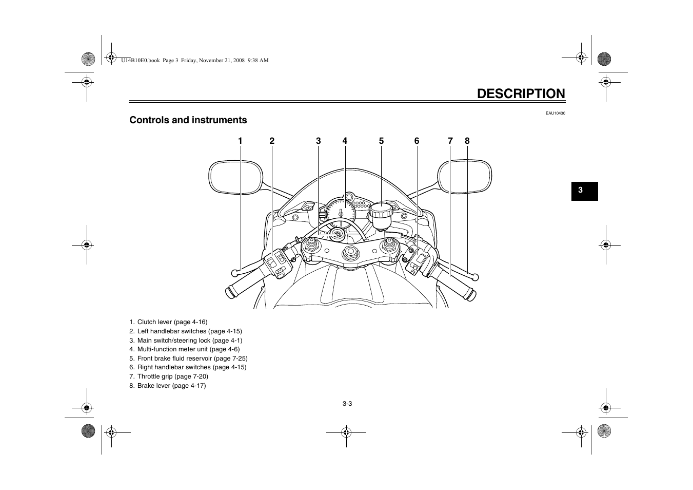 Controls and instruments -3, Description | Yamaha YZFR1Y(C) User Manual | Page 17 / 122