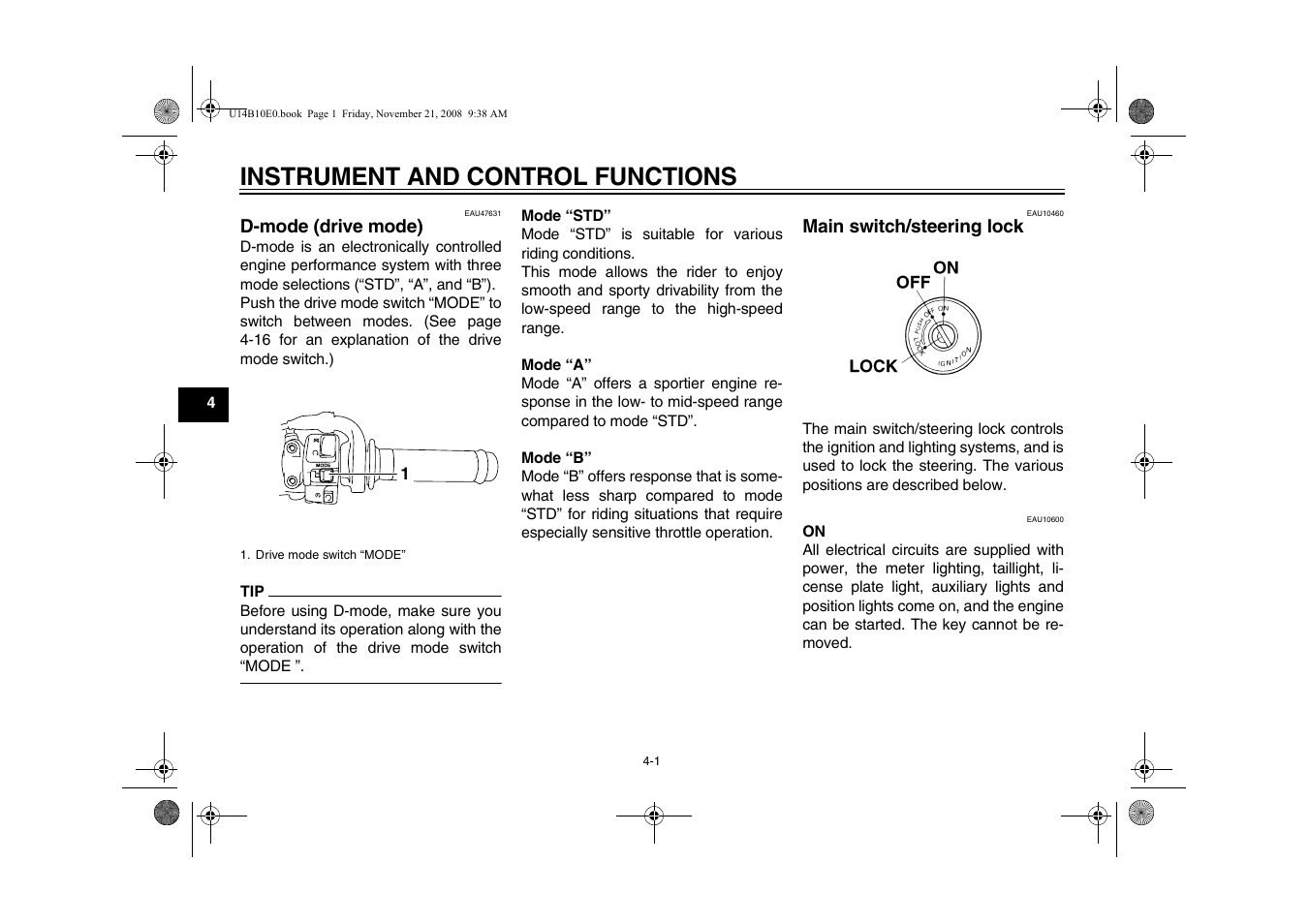 Instrument and control functions | Yamaha YZFR1Y(C) User Manual | Page 18 / 122