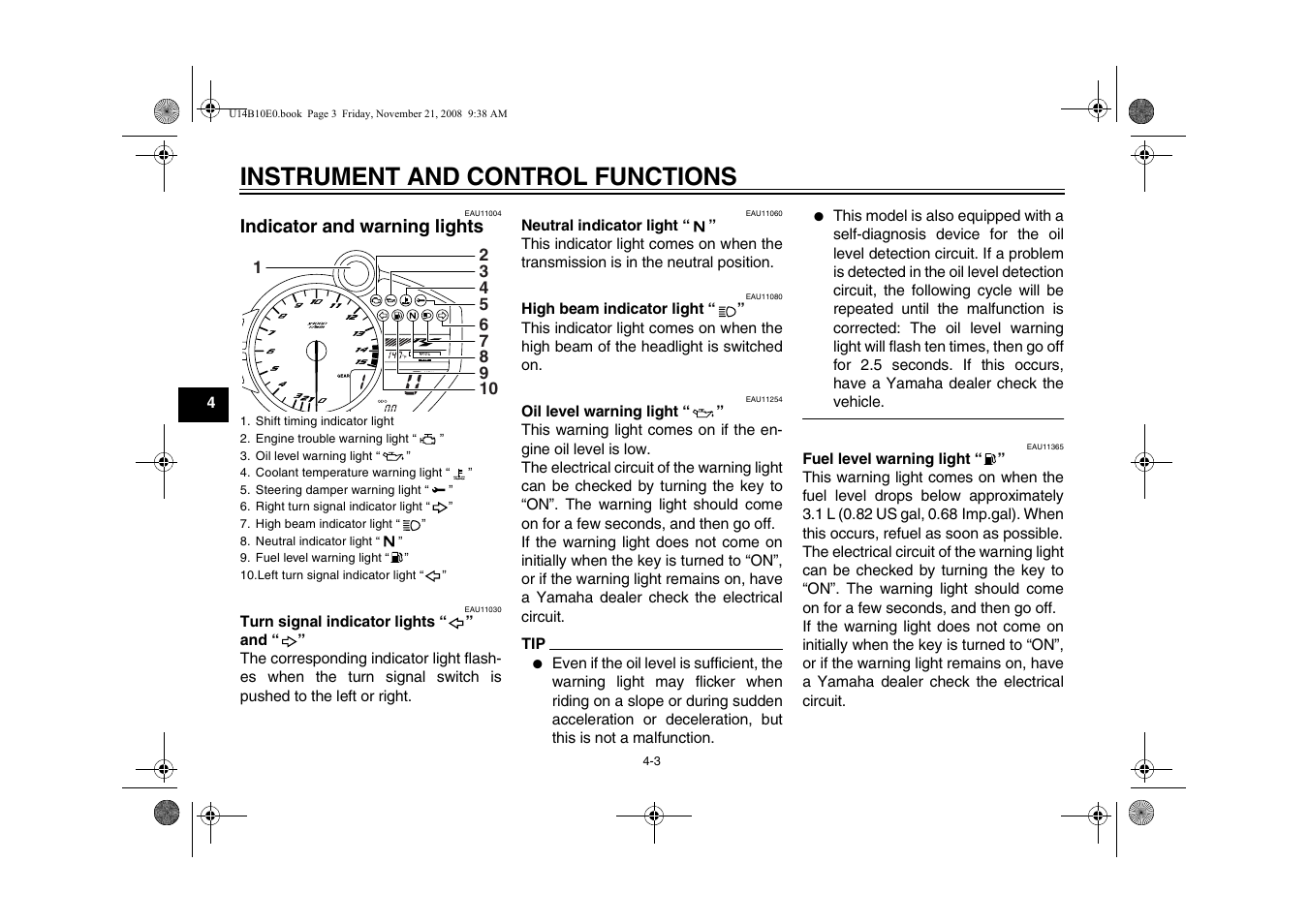 Indicator and warning lights -3, Instrument and control functions, Indicator and warning lights | Yamaha YZFR1Y(C) User Manual | Page 20 / 122