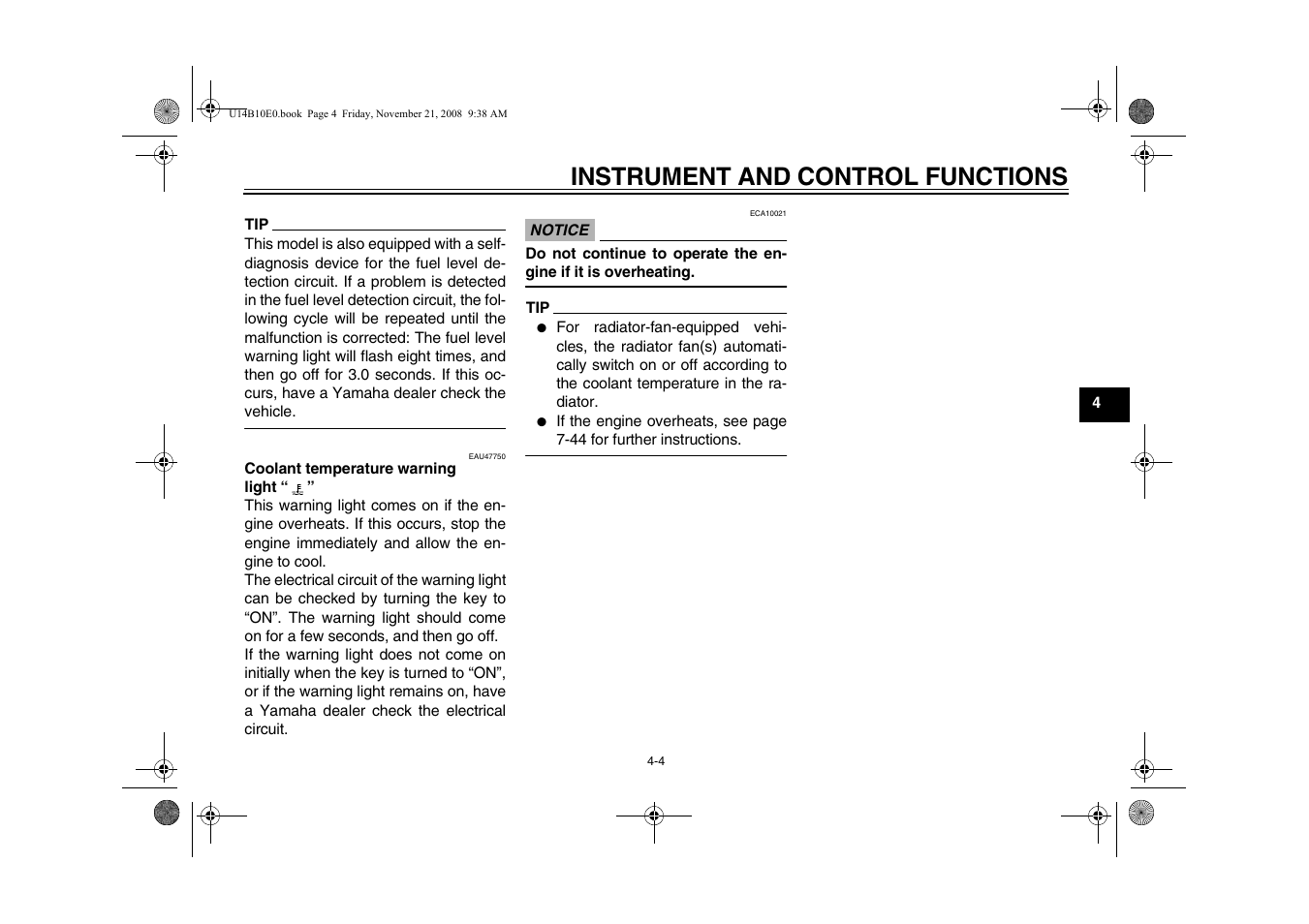 Instrument and control functions | Yamaha YZFR1Y(C) User Manual | Page 21 / 122