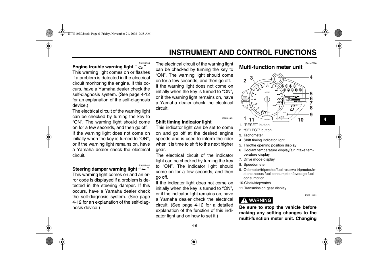 Multi-function meter unit -6, Instrument and control functions | Yamaha YZFR1Y(C) User Manual | Page 23 / 122