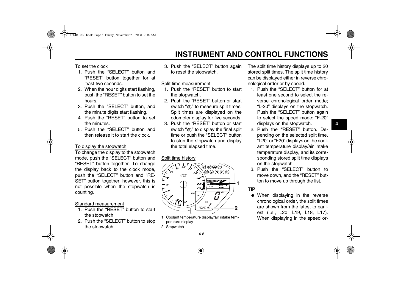 Instrument and control functions | Yamaha YZFR1Y(C) User Manual | Page 25 / 122