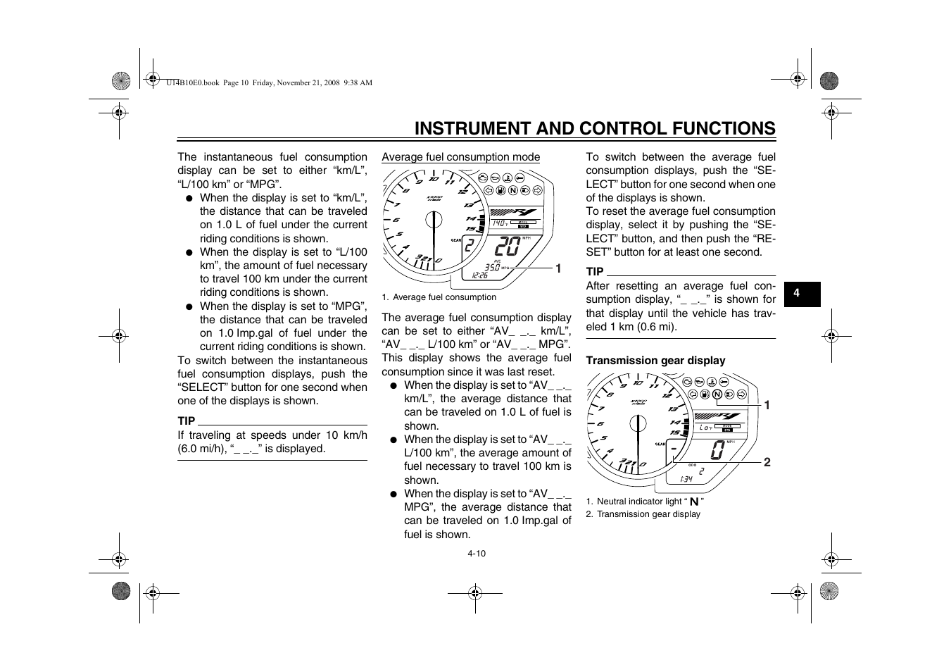 Instrument and control functions | Yamaha YZFR1Y(C) User Manual | Page 27 / 122