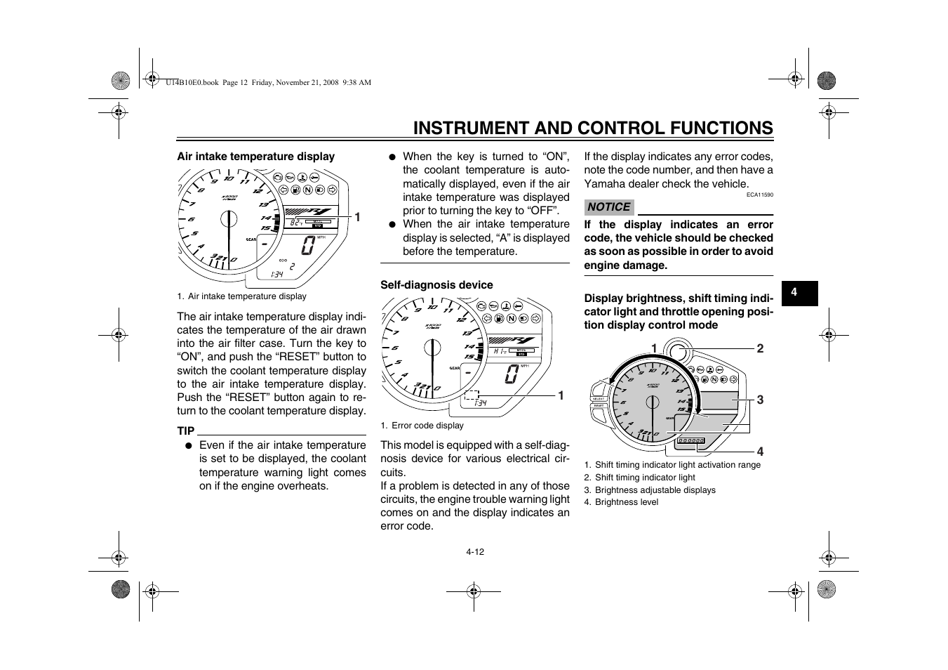 Instrument and control functions | Yamaha YZFR1Y(C) User Manual | Page 29 / 122