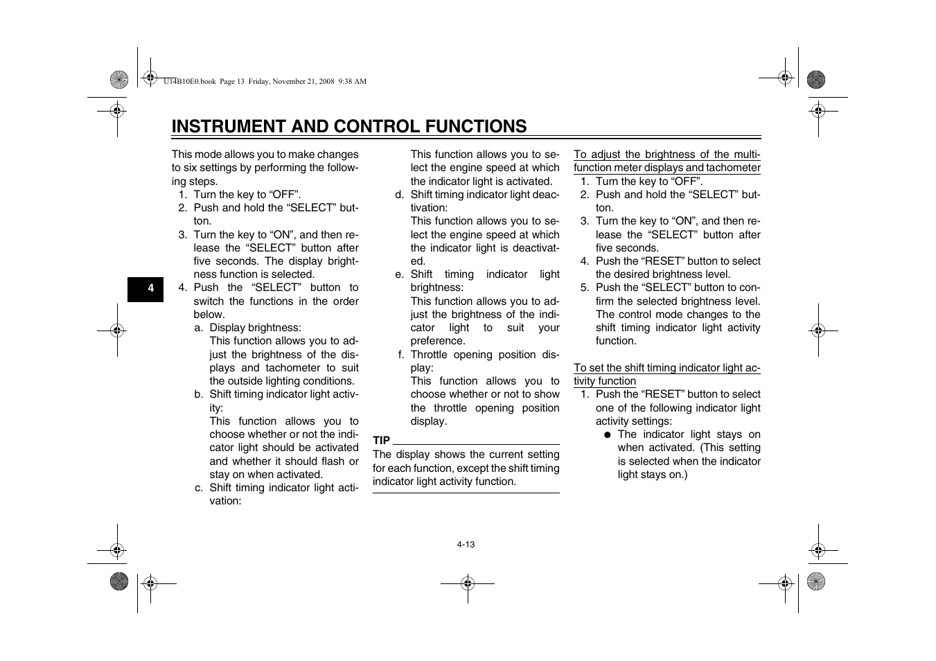 Instrument and control functions | Yamaha YZFR1Y(C) User Manual | Page 30 / 122