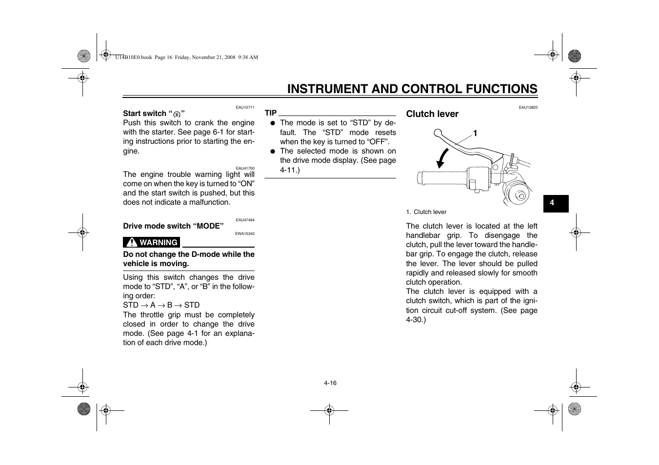 Clutch lever -16, Instrument and control functions | Yamaha YZFR1Y(C) User Manual | Page 33 / 122