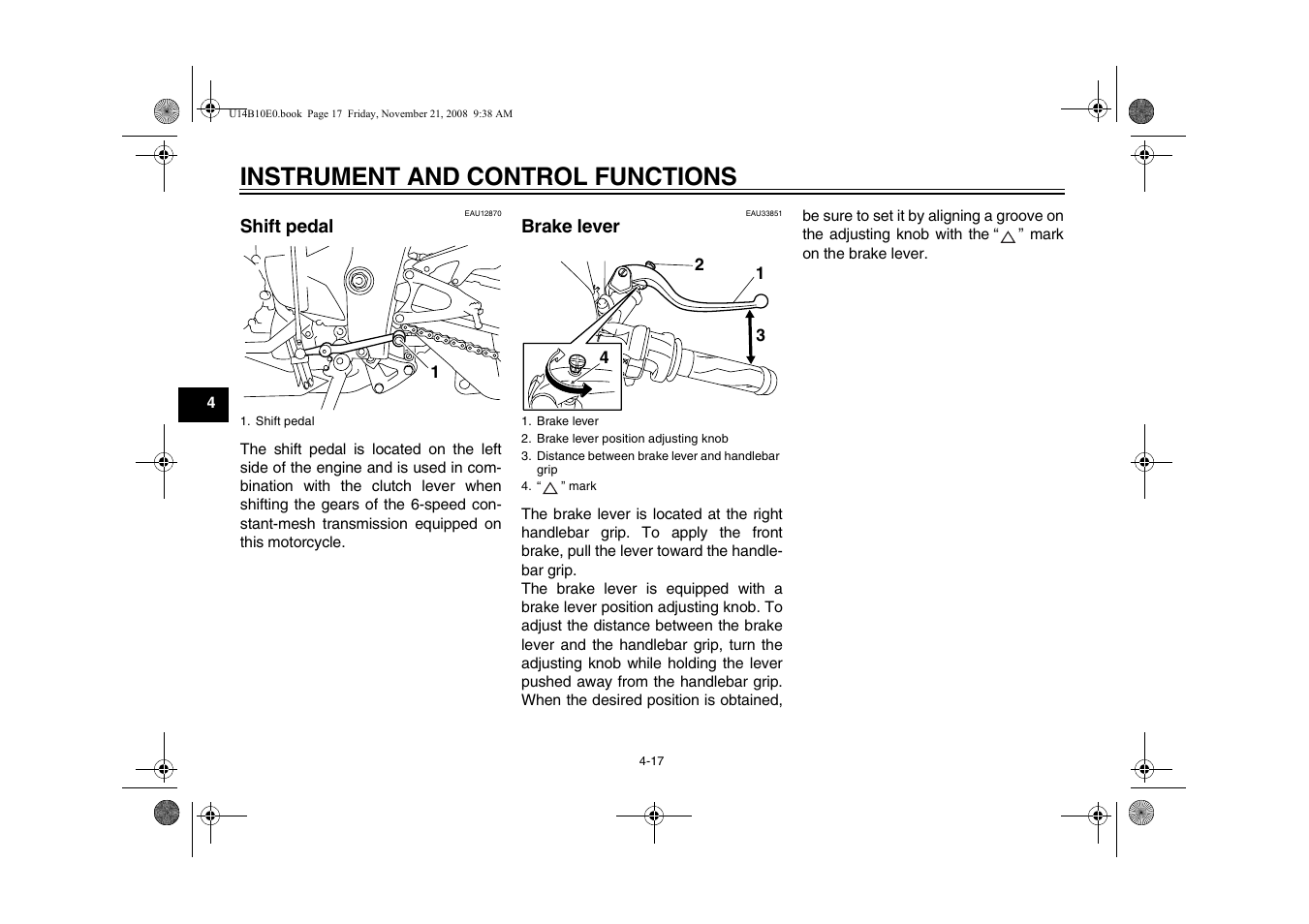 Shift pedal -17 brake lever -17, Instrument and control functions | Yamaha YZFR1Y(C) User Manual | Page 34 / 122