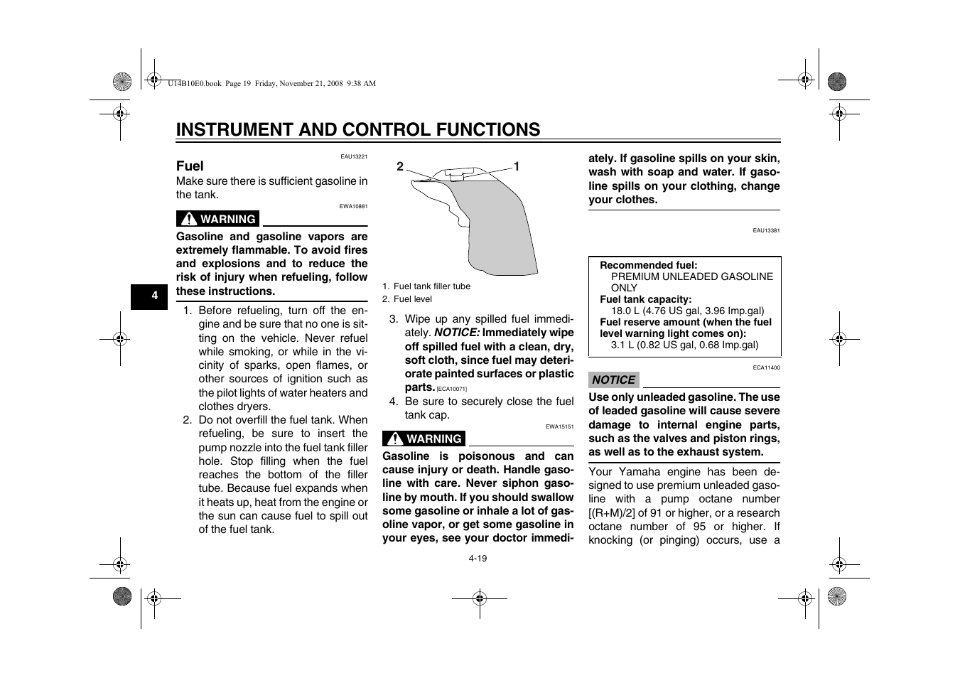 Fuel -19, Instrument and control functions | Yamaha YZFR1Y(C) User Manual | Page 36 / 122