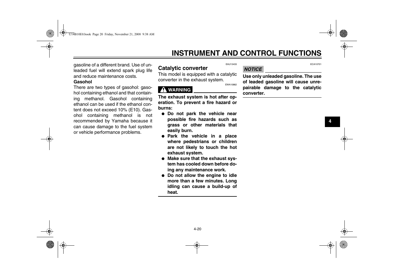 Catalytic converter -20, Instrument and control functions | Yamaha YZFR1Y(C) User Manual | Page 37 / 122