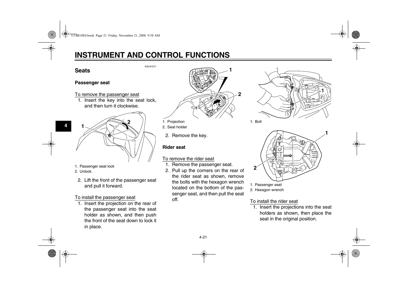 Seats -21, Instrument and control functions | Yamaha YZFR1Y(C) User Manual | Page 38 / 122