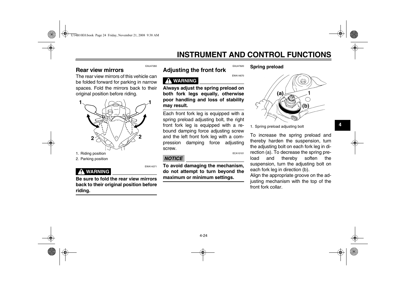 Rear view mirrors -24 adjusting the front fork -24, Instrument and control functions | Yamaha YZFR1Y(C) User Manual | Page 41 / 122