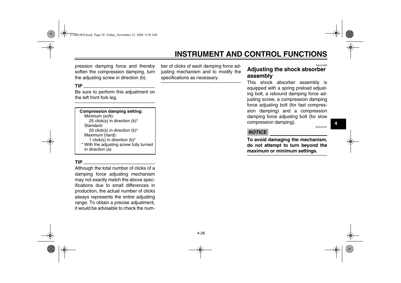 Adjusting the shock absorber, Assembly -26, Instrument and control functions | Yamaha YZFR1Y(C) User Manual | Page 43 / 122