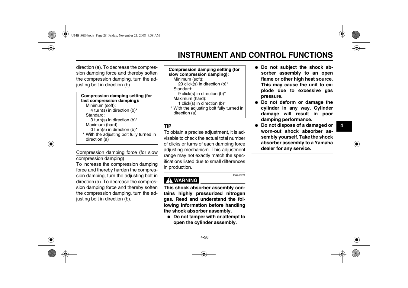 Instrument and control functions | Yamaha YZFR1Y(C) User Manual | Page 45 / 122