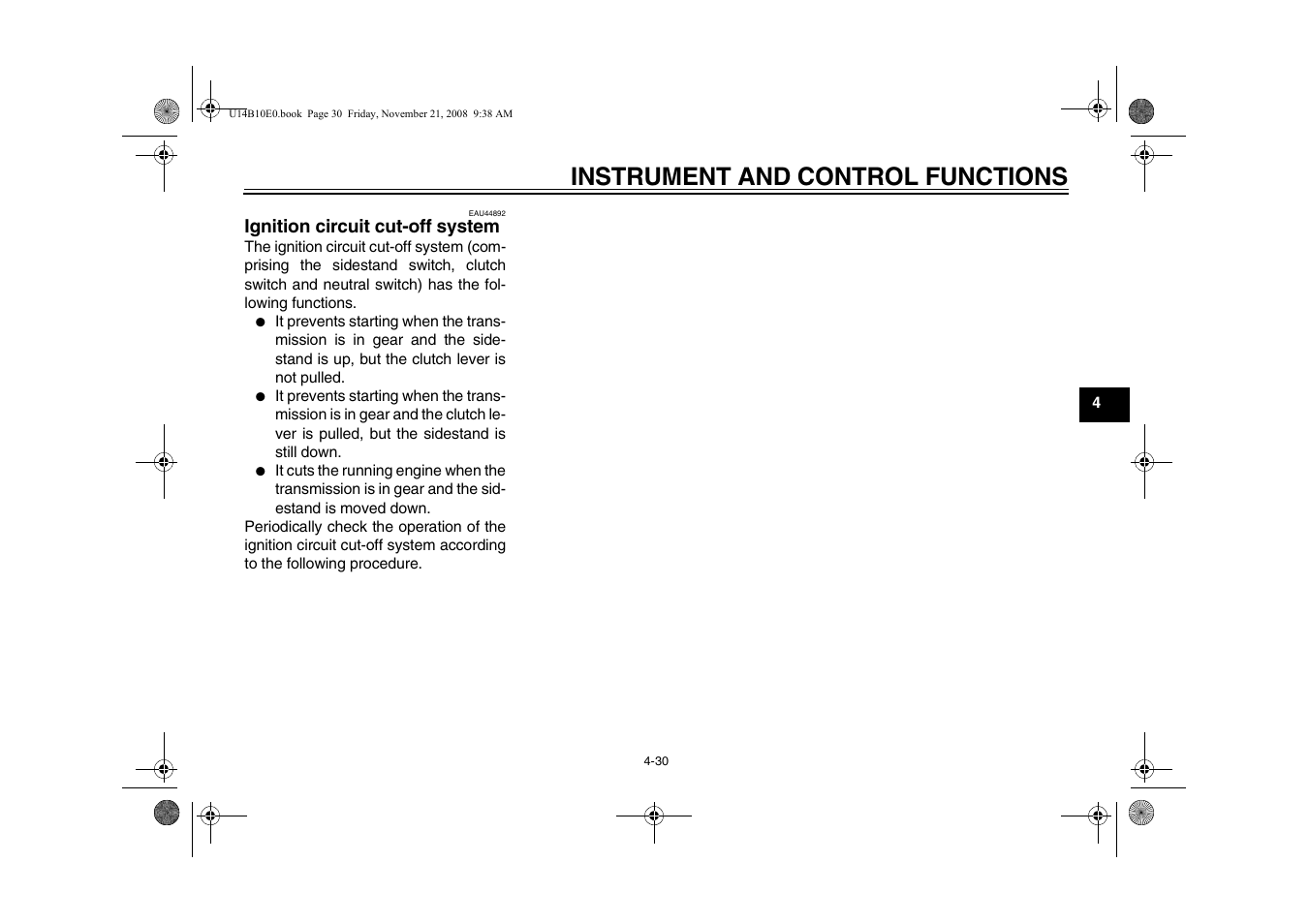 Ignition circuit cut-off system -30, Instrument and control functions | Yamaha YZFR1Y(C) User Manual | Page 47 / 122