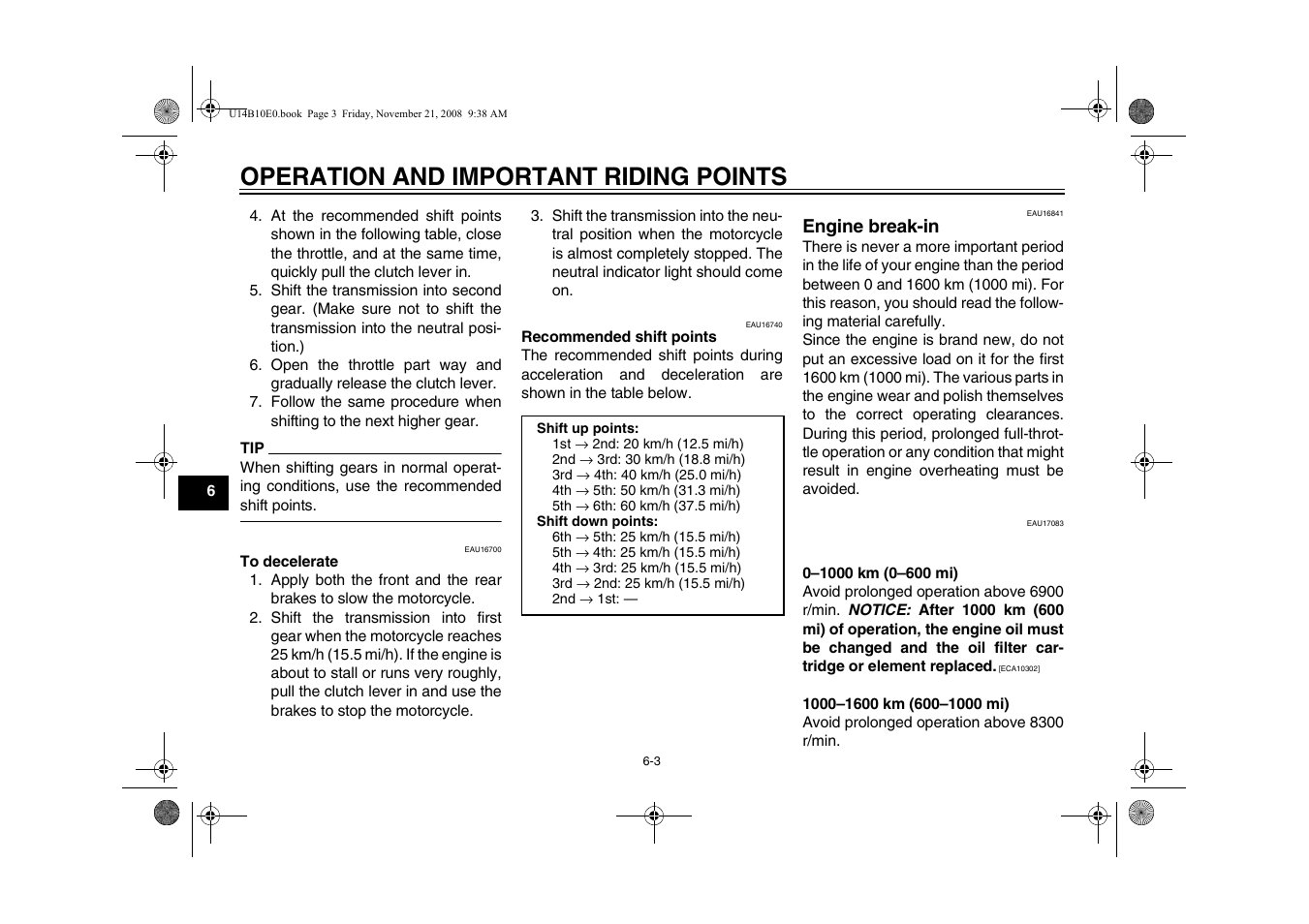 Engine break-in -3, Operation and important riding points | Yamaha YZFR1Y(C) User Manual | Page 54 / 122