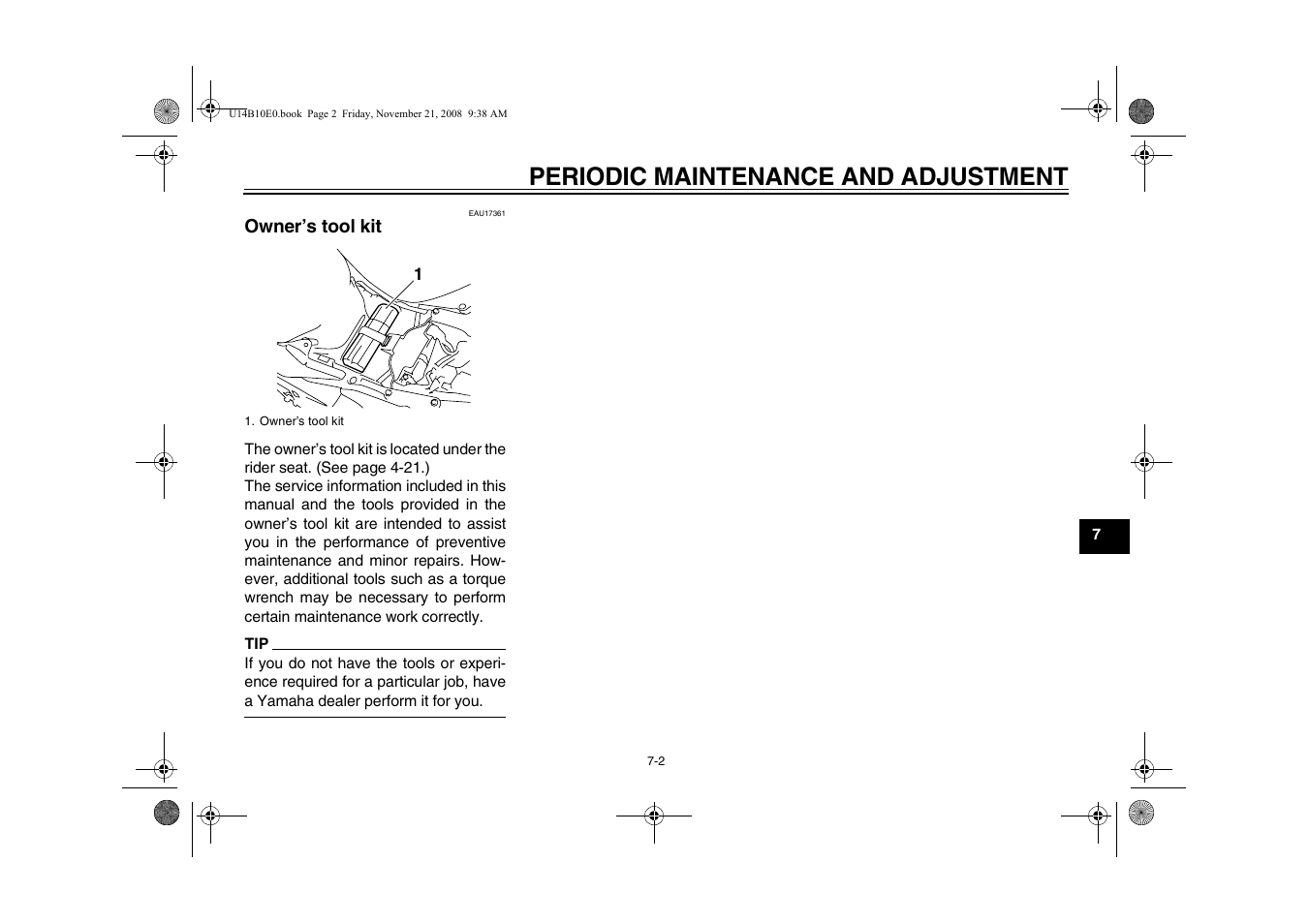 Owner’s tool kit -2, Periodic maintenance and adjustment | Yamaha YZFR1Y(C) User Manual | Page 57 / 122