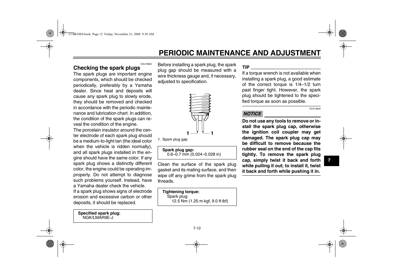 Checking the spark plugs -12, Periodic maintenance and adjustment | Yamaha YZFR1Y(C) User Manual | Page 67 / 122