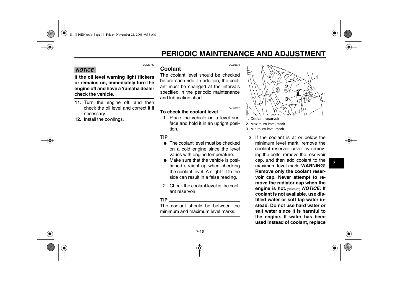 Coolant -16, Periodic maintenance and adjustment | Yamaha YZFR1Y(C) User Manual | Page 71 / 122