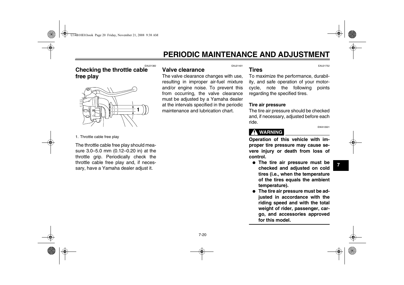 Checking the throttle cable free, Play -20, Valve clearance -20 tires -20 | Ge 7-20), Periodic maintenance and adjustment | Yamaha YZFR1Y(C) User Manual | Page 75 / 122