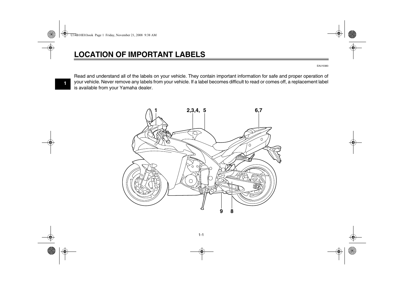 Location of important labels | Yamaha YZFR1Y(C) User Manual | Page 8 / 122