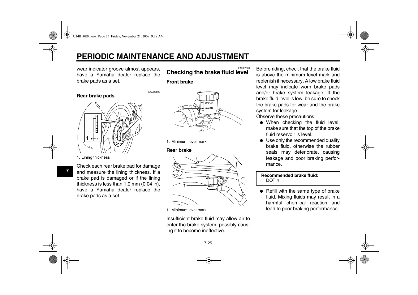 Checking the brake fluid level -25, Periodic maintenance and adjustment | Yamaha YZFR1Y(C) User Manual | Page 80 / 122