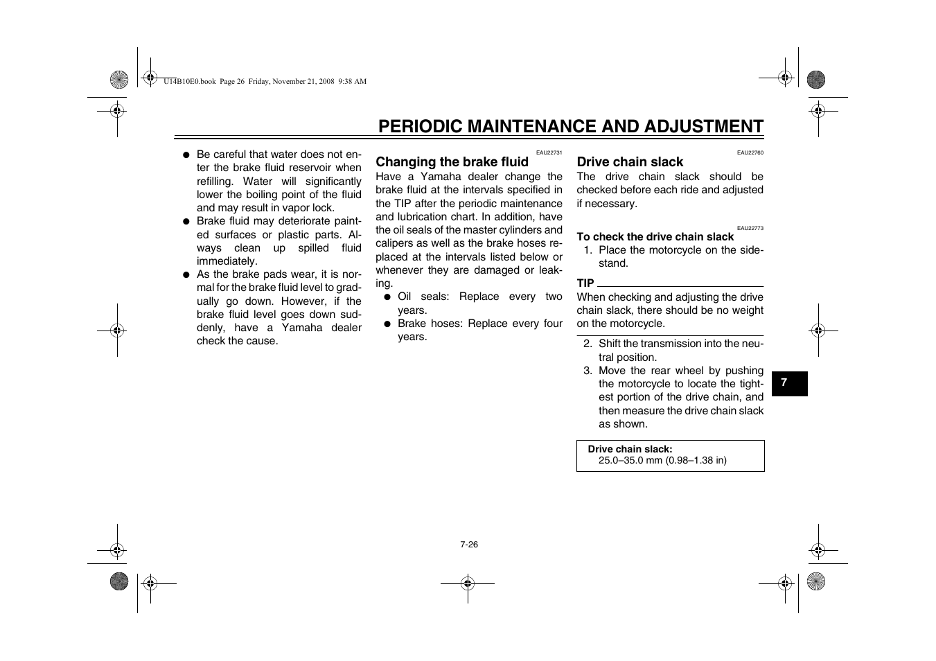 Changing the brake fluid -26 drive chain slack -26, Periodic maintenance and adjustment | Yamaha YZFR1Y(C) User Manual | Page 81 / 122