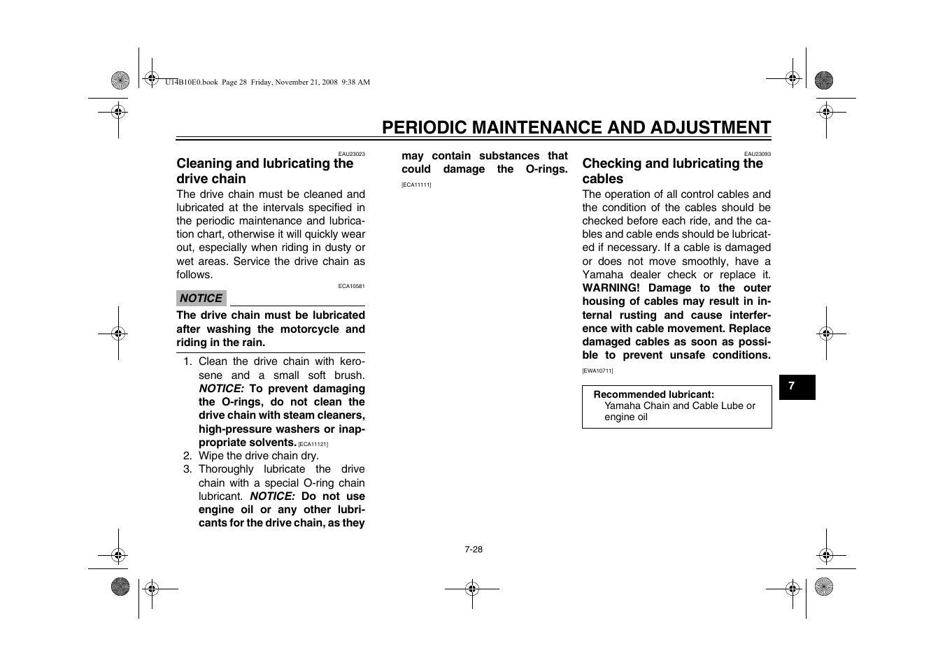 Cleaning and lubricating the, Drive chain -28, Checking and lubricating the | Cables -28, Periodic maintenance and adjustment, Cleaning and lubricating the drive chain, Checking and lubricating the cables | Yamaha YZFR1Y(C) User Manual | Page 83 / 122