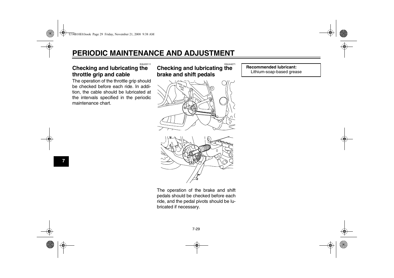 Checking and lubricating the, Throttle grip and cable -29, Brake and shift pedals -29 | Periodic maintenance and adjustment | Yamaha YZFR1Y(C) User Manual | Page 84 / 122